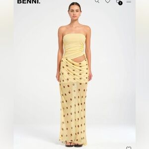 Yellow Strapless Maxi Skirt with Brown Dots